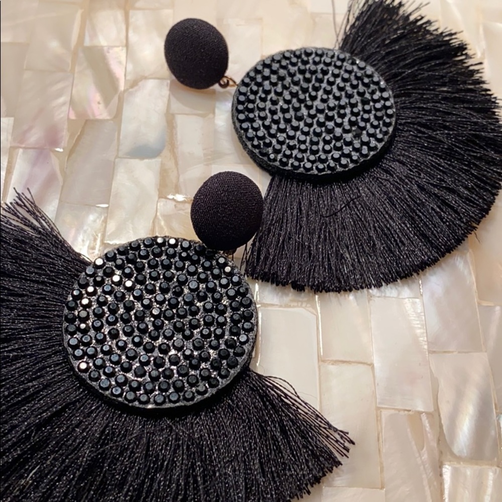 Post Drop Crystal Center Black Fan Fringe Earrings - Picture 6 of 9